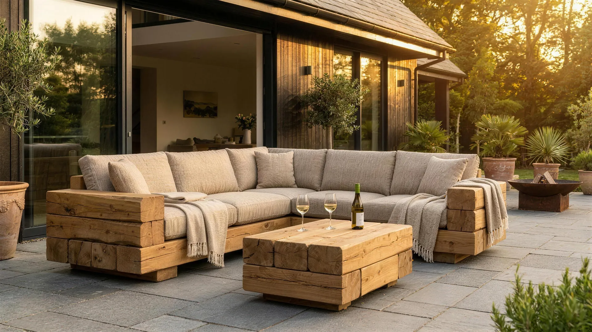 Gartenlounge aus massiven Holzbalken auf einer Terrasse