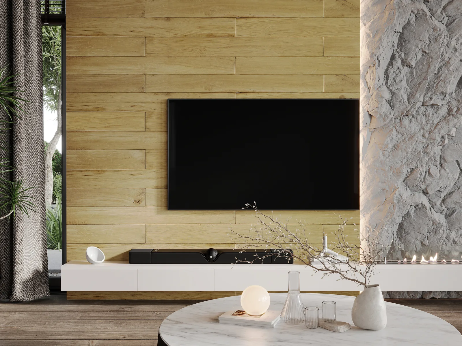 TV-Wand aus naturbelassenen Eichendielen mit Steinwand